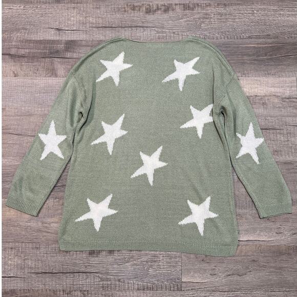 Arula Altard State 1X Star Print V Neck Knit Sweater Preppy Boho Green Casual - Picture 2 of 6